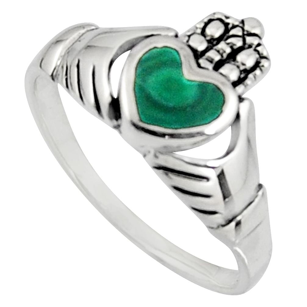 Irish celtic claddagh malachite (pilot's stone) silver heart ring size 8 c7060