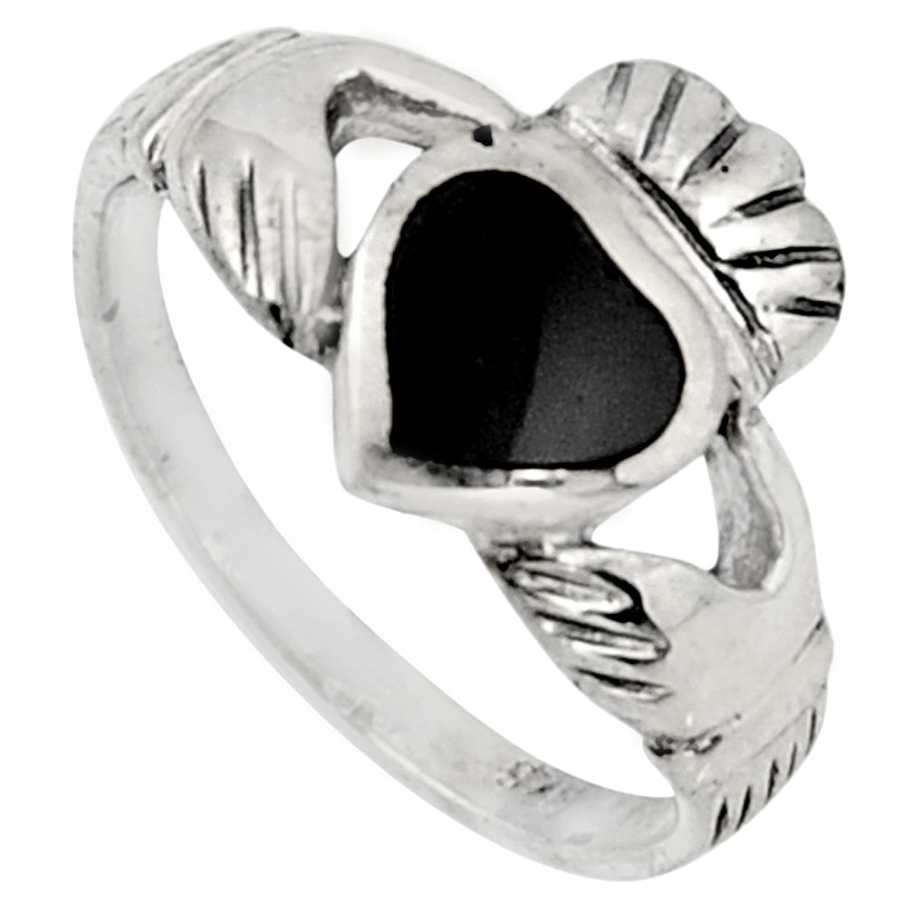 0.91cts irish celtic claddagh natural black onyx silver heart ring size 8 c7062