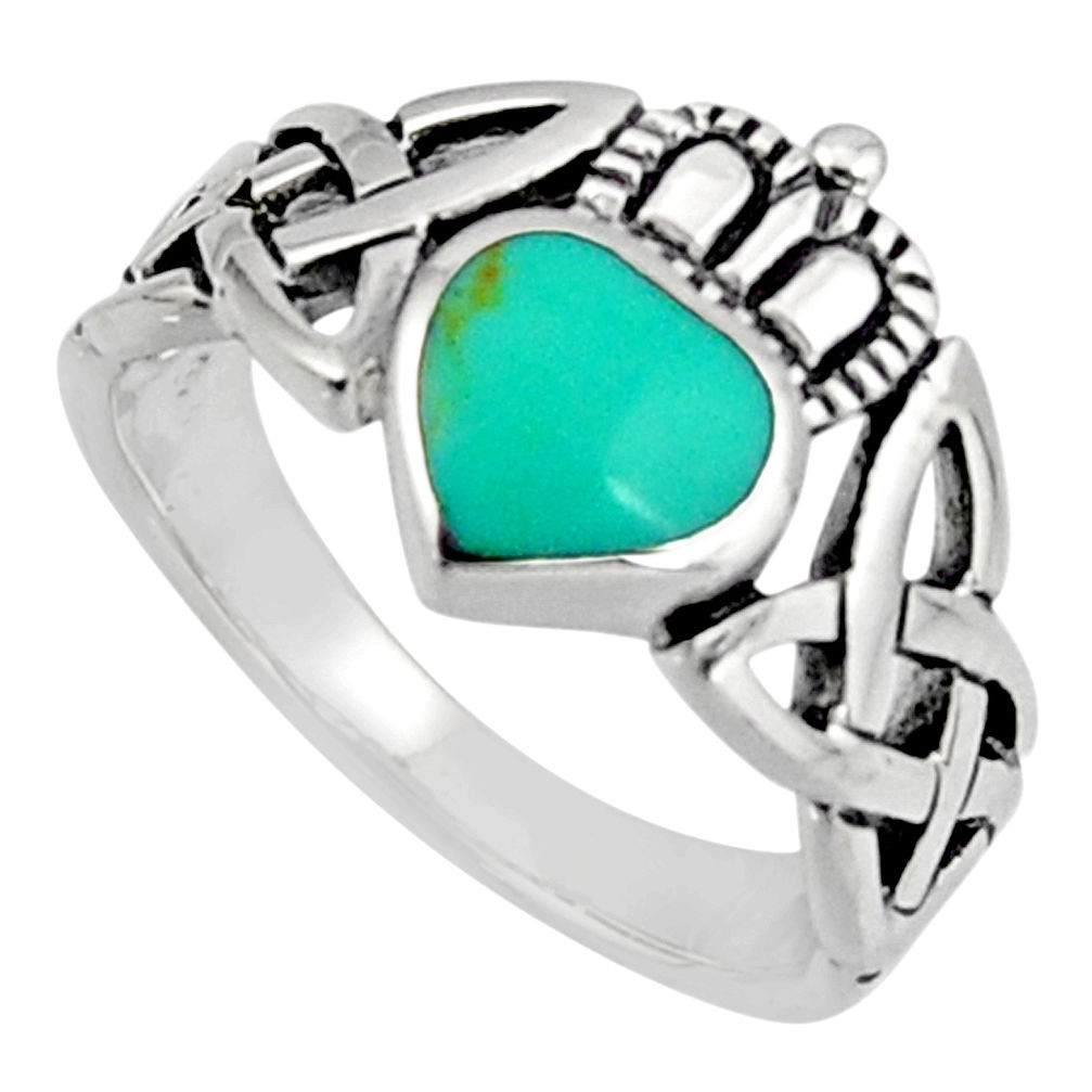 Irish celtic claddagh fine green turquoise 925 silver heart ring size 5.5 c7072