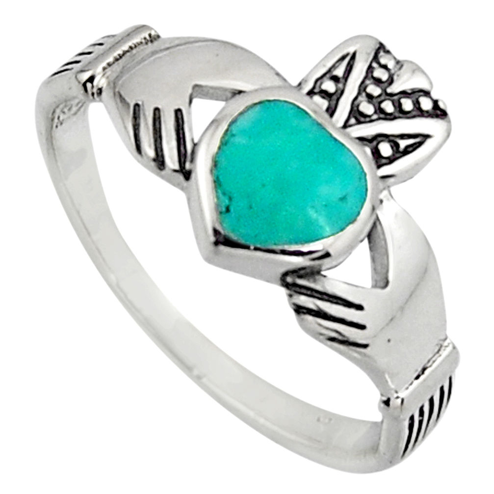 Irish celtic claddagh fine green turquoise 925 silver heart ring size 7.5 c7077