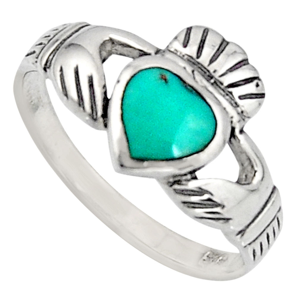 Irish celtic claddagh fine green turquoise 925 silver heart ring size 8 c7078