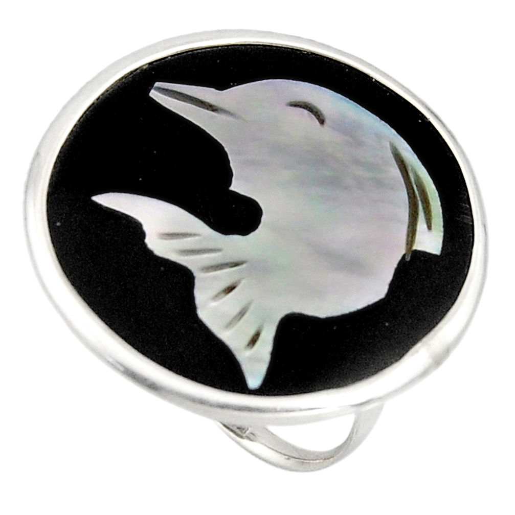 11.73cts natural green cameo on shell silver fish solitaire ring size 7 c7481