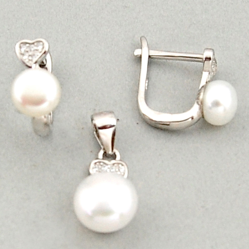 925 silver 6.27cts natural white pearl topaz round pendant earrings set c6387