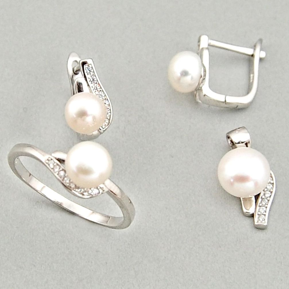 8.43cts natural white pearl 925 silver pendant ring earrings set c6423