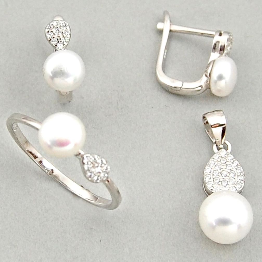 925 silver 7.89cts natural white pearl pendant ring earrings set c6428