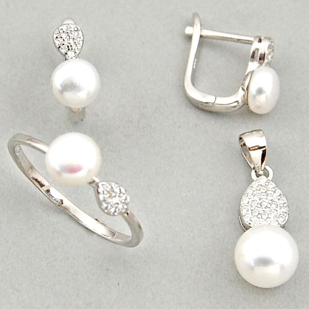 925 silver 8.22cts natural white pearl pendant ring earrings set c6447