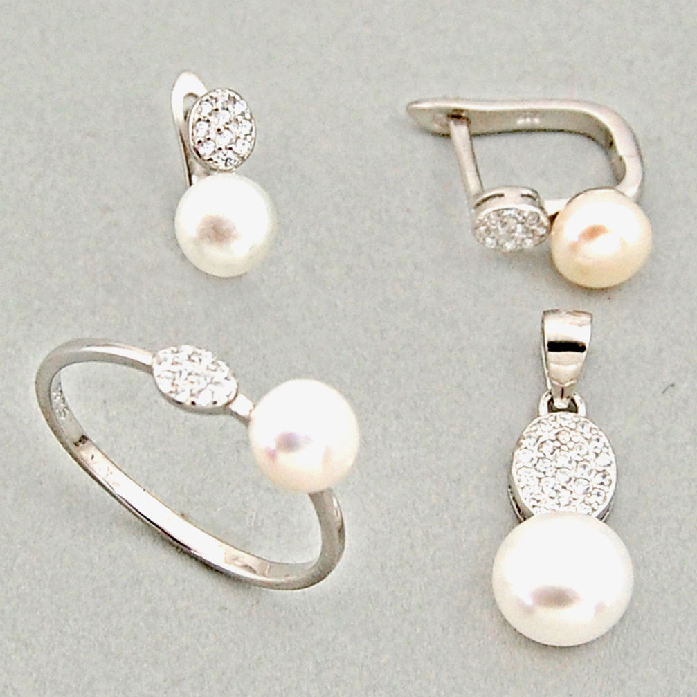 925 silver 7.53cts natural white pearl pendant ring earrings set c6459