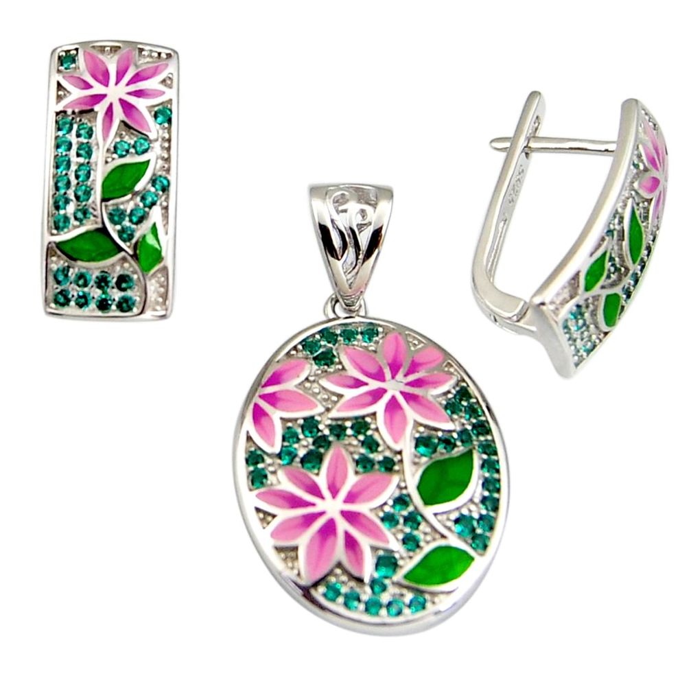 4.28cts green topaz quartz enamel 925 sterling silver pendant earrings set c6505