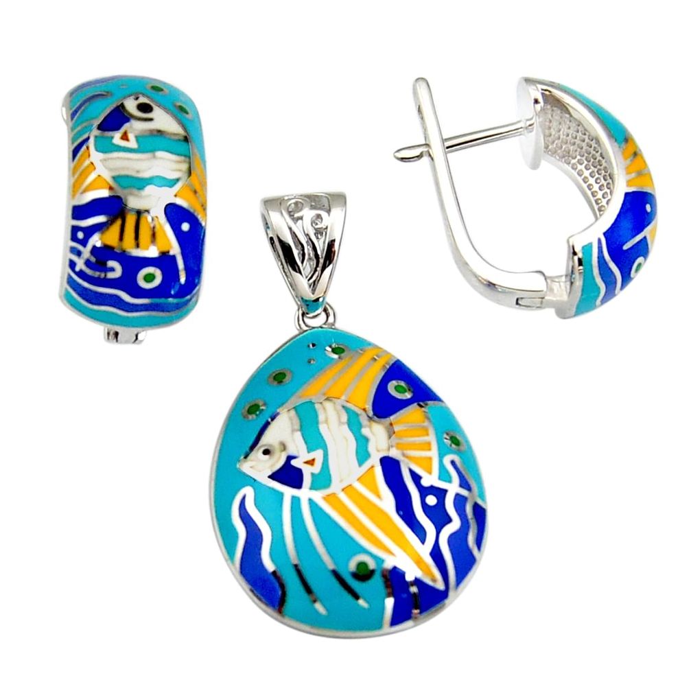 9.69gms multi color enamel 925 silver pendant earrings set jewelry c6508