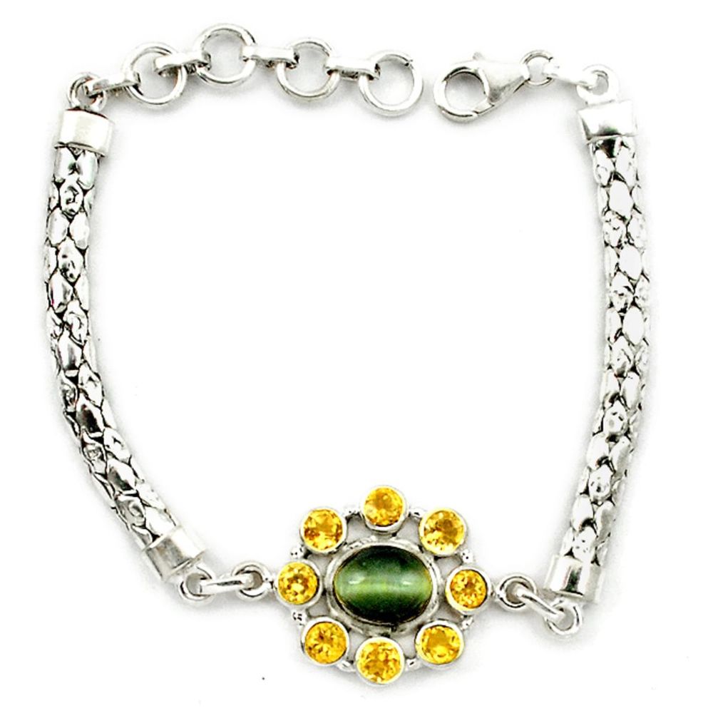 Green cat's eye yellow citrine 925 sterling silver bracelet jewelry d10345