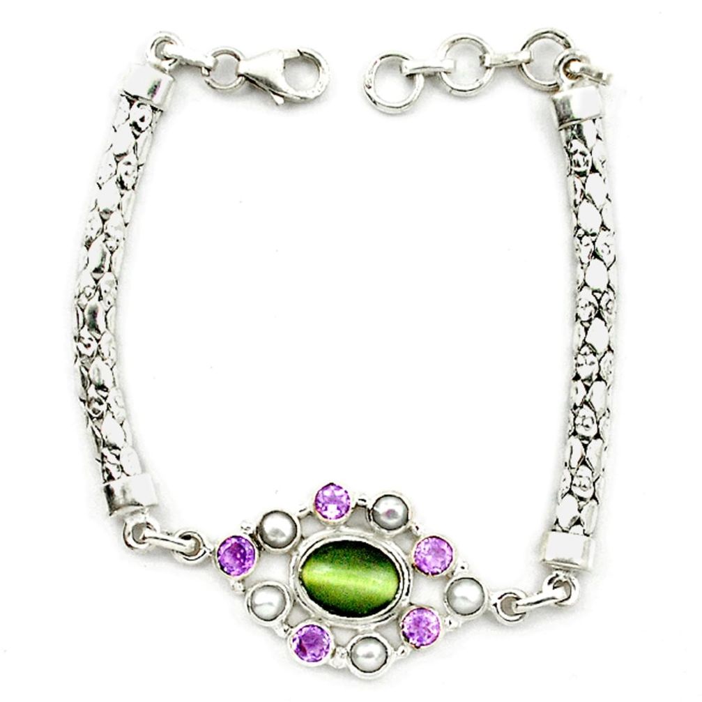 Green cat's eye amethyst pearl 925 sterling silver bracelet jewelry d10356