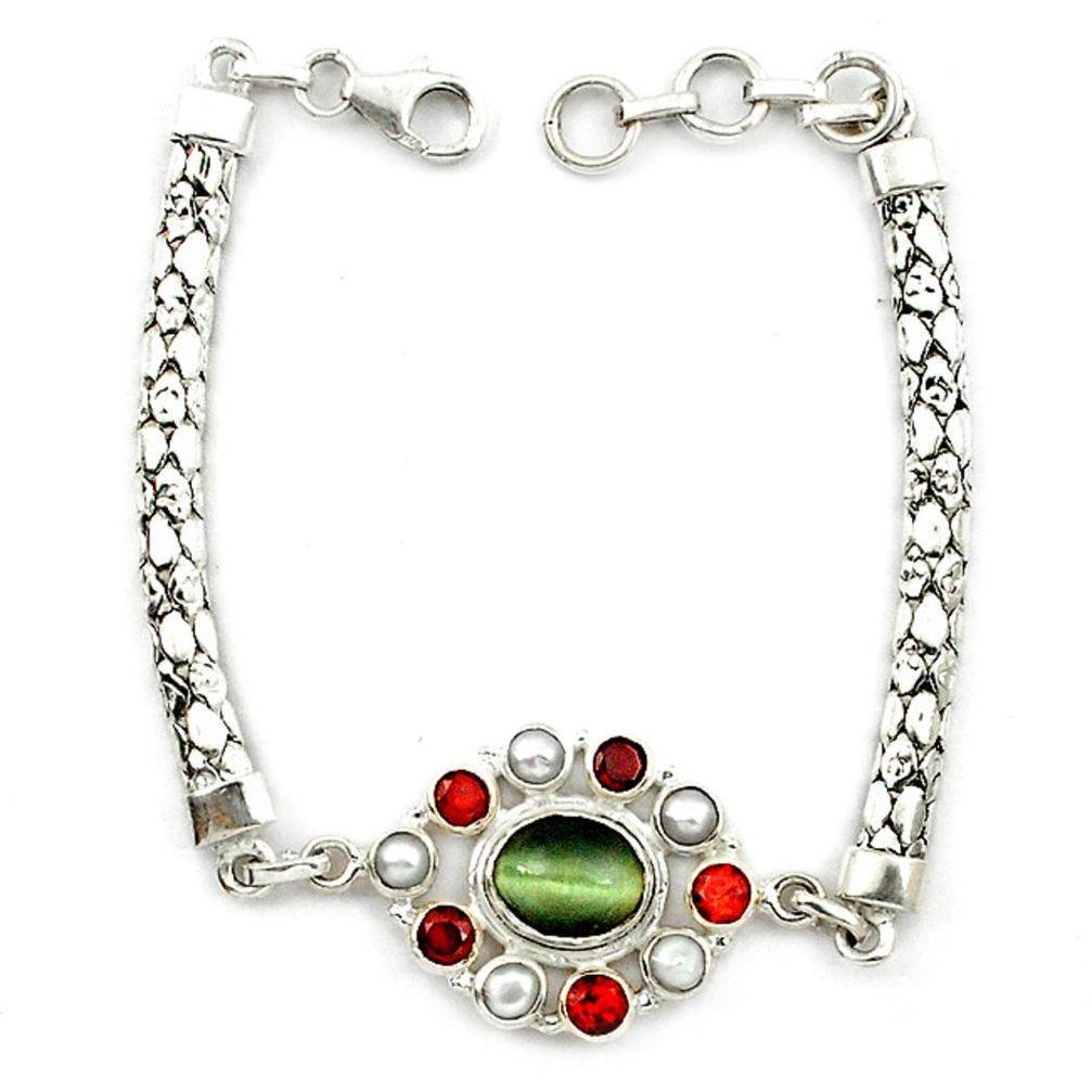 Green cat's eye garnet pearl 925 sterling silver bracelet jewelry d10357