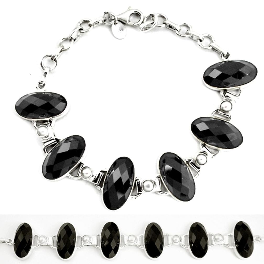 Natural black onyx pearl 925 sterling silver tennis bracelet jewelry d17943