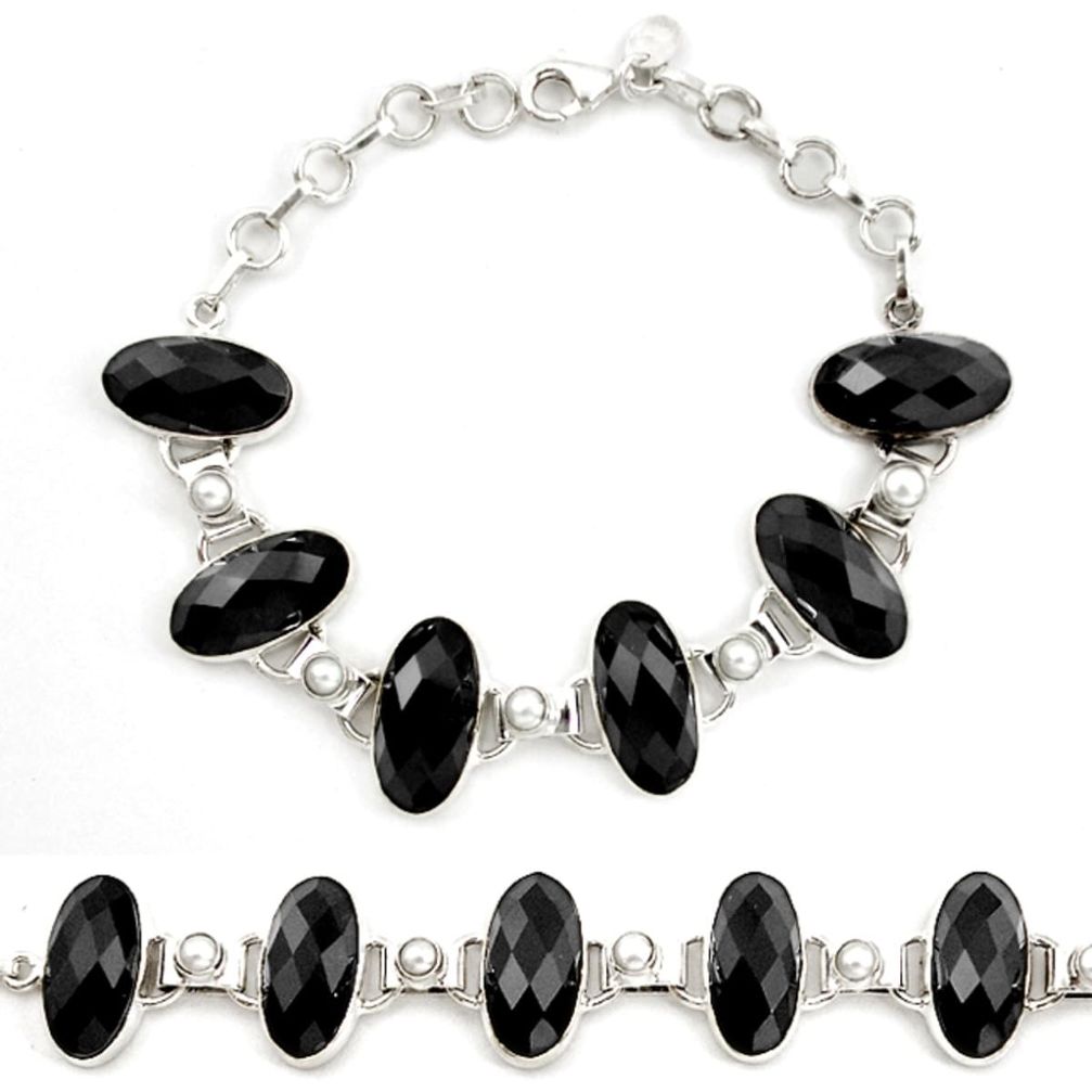 Natural black onyx pearl 925 sterling silver tennis bracelet jewelry d17961