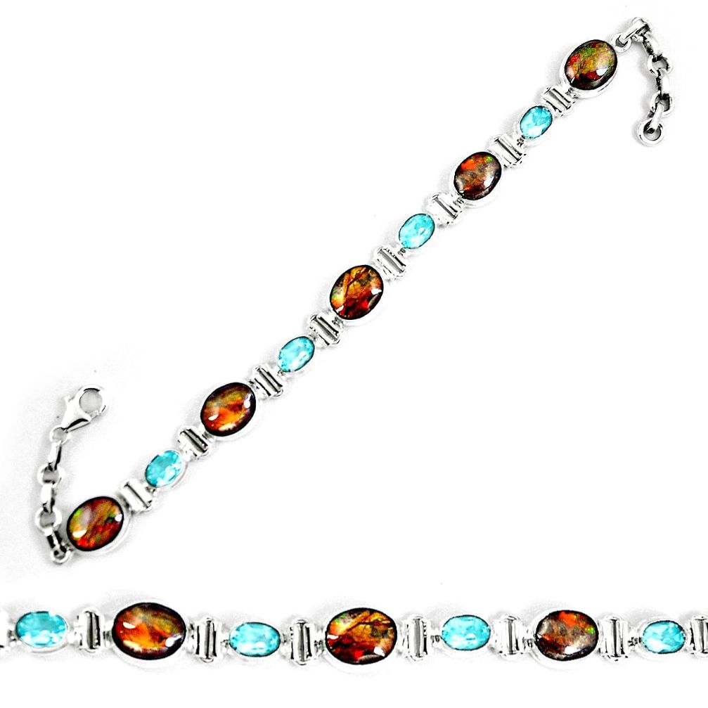 Natural multi color ammolite (canadian) topaz 925 silver tennis bracelet d30069