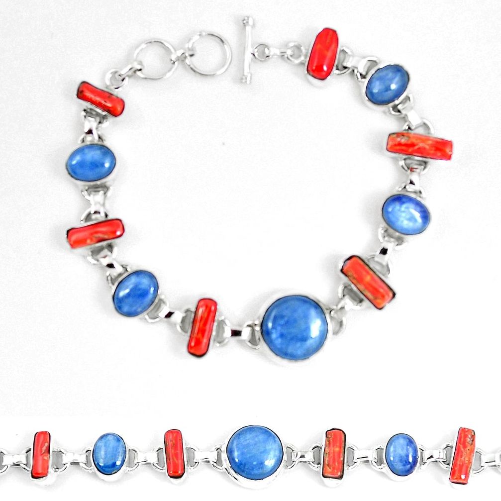 Natural blue kyanite coral 925 sterling silver tennis bracelet jewelry d30080