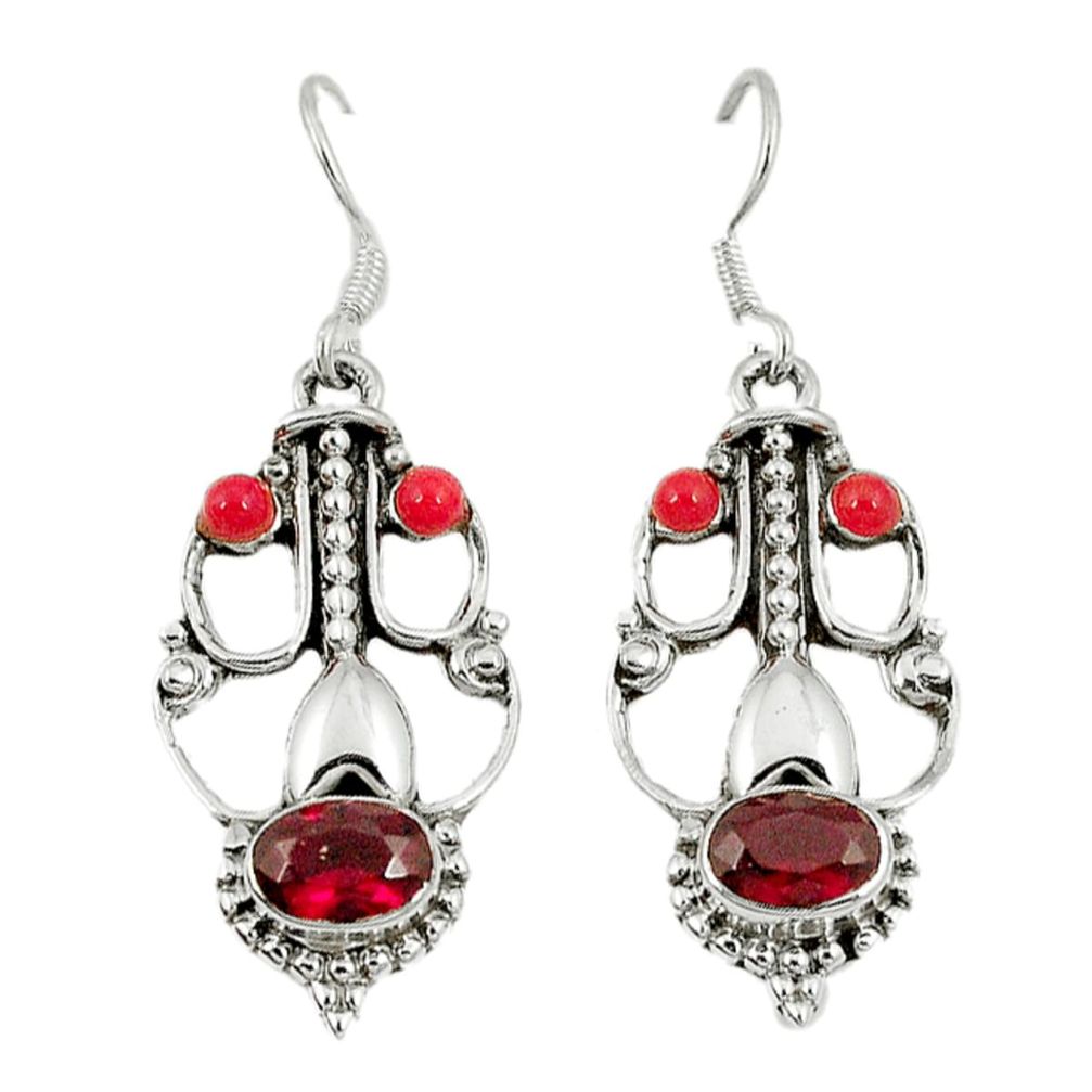 Red garnet quartz coral 925 sterling silver dangle earrings jewelry d10036