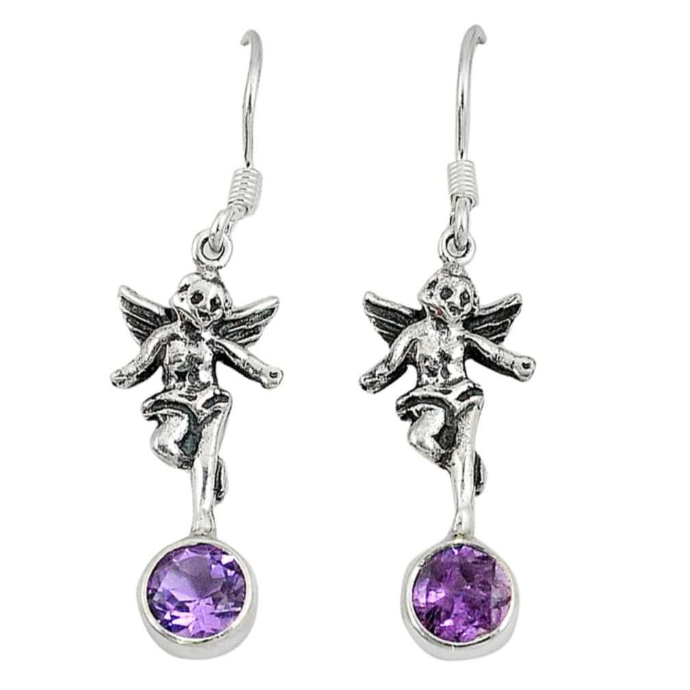 Natural purple amethyst 925 silver cupid angel wings earrings jewelry d10069