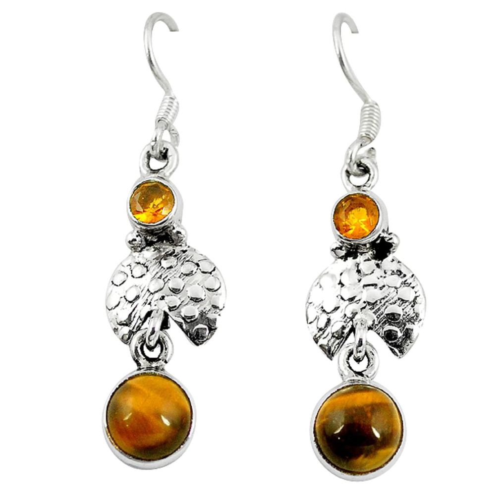 Natural brown tiger's eye yellow citrine 925 silver dangle earrings d10178