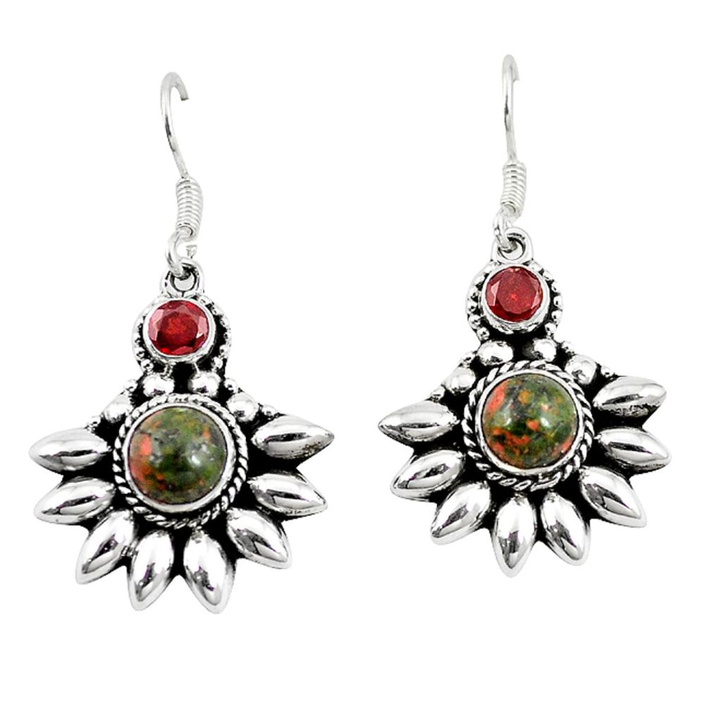 Natural green unakite garnet 925 sterling silver dangle earrings d10233