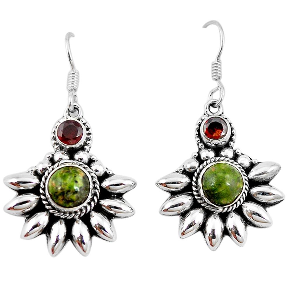 925 sterling silver natural green unakite red garnet dangle earrings d10267