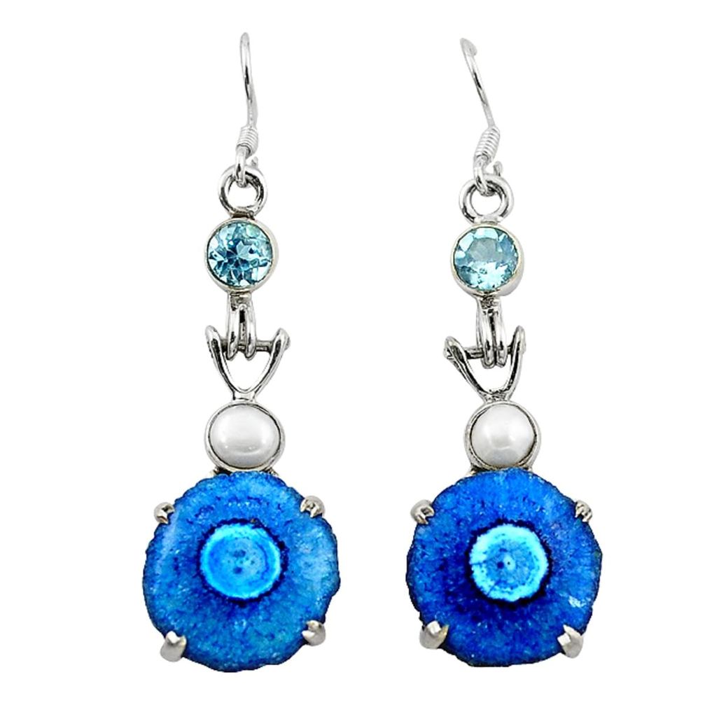 Natural blue solar quartz slice druzy pearl 925 silver dangle earrings d10458