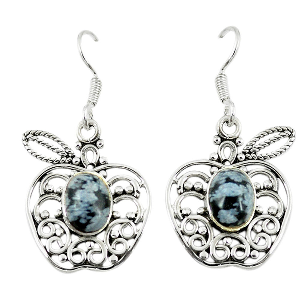 Natural black australian obsidian 925 silver dangle apple charm earrings d14062