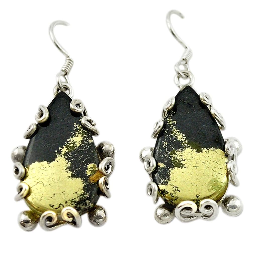 Golden pyrite in magnetite (healer's gold) 925 silver dangle earrings d14981