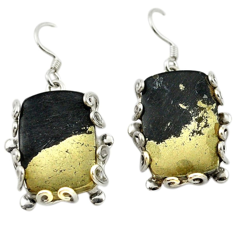 Golden pyrite in magnetite (healer's gold) 925 silver dangle earrings d14986