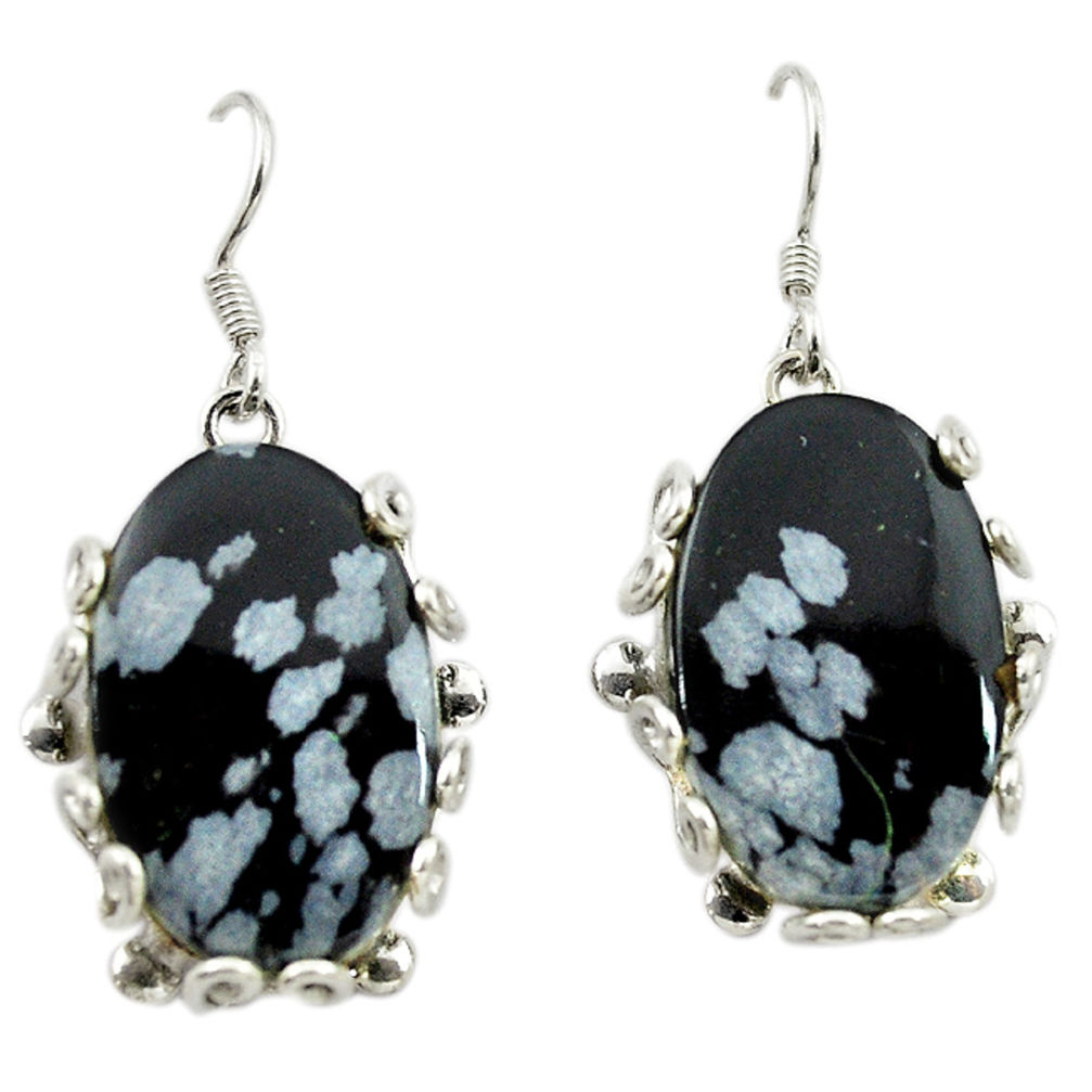 Natural black australian Obsidian 925 silver dangle earrings d14996
