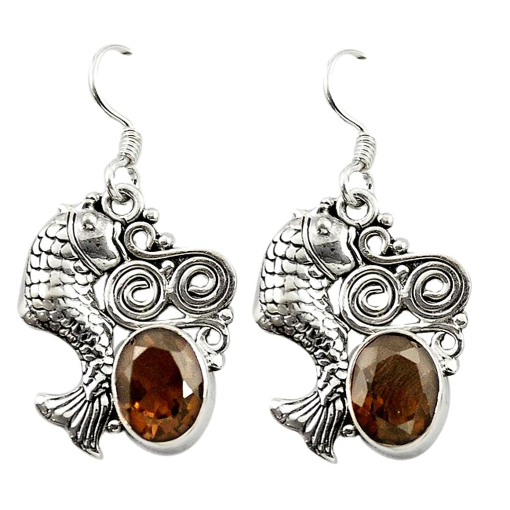 Brown smoky topaz 925 sterling silver fish earrings jewelry d15026