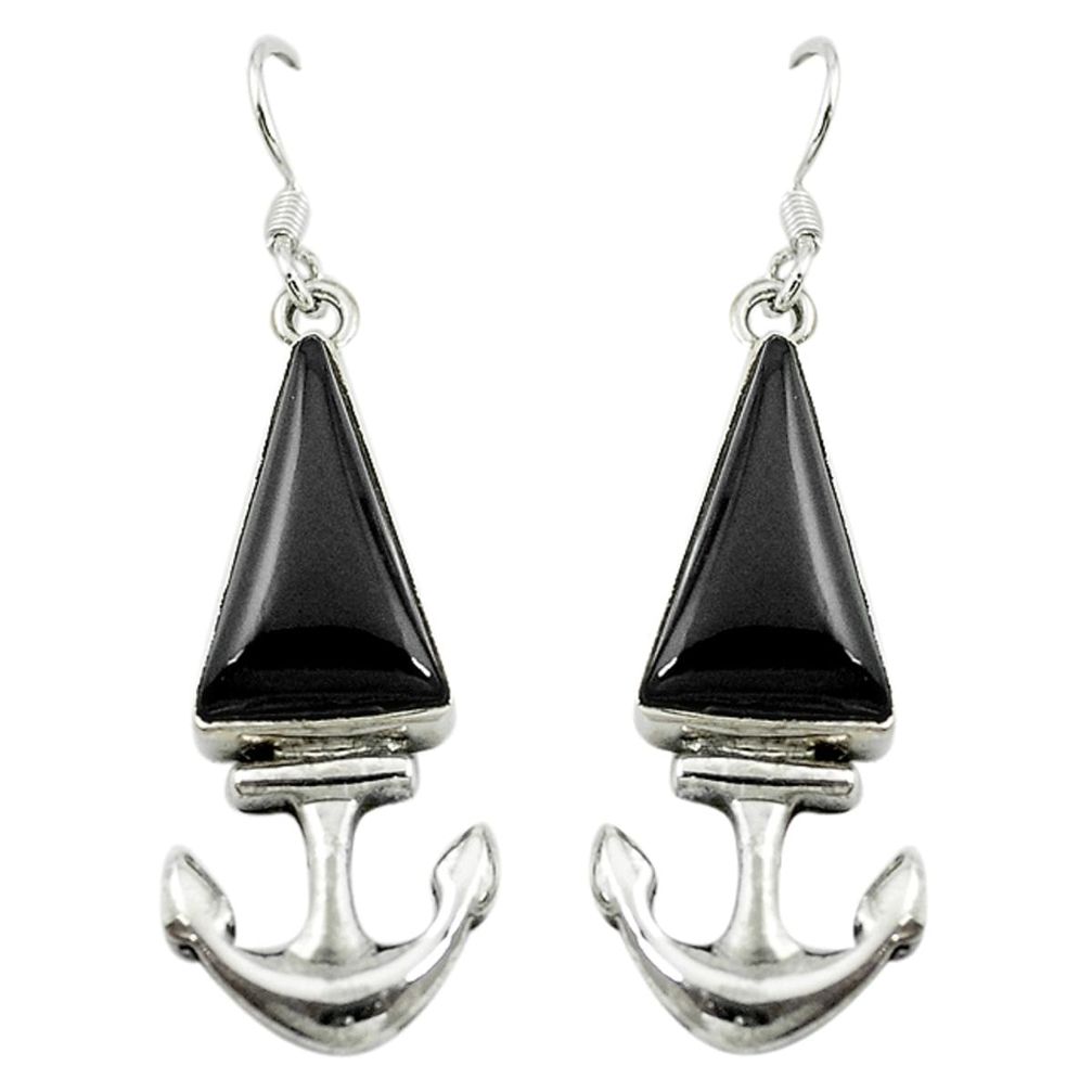 Natural black onyx 925 sterling silver dangle anchor charm earrings d16347