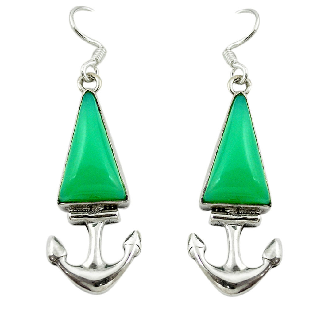 Natural green chalcedony 925 sterling silver dangle anchor charm earrings d16350