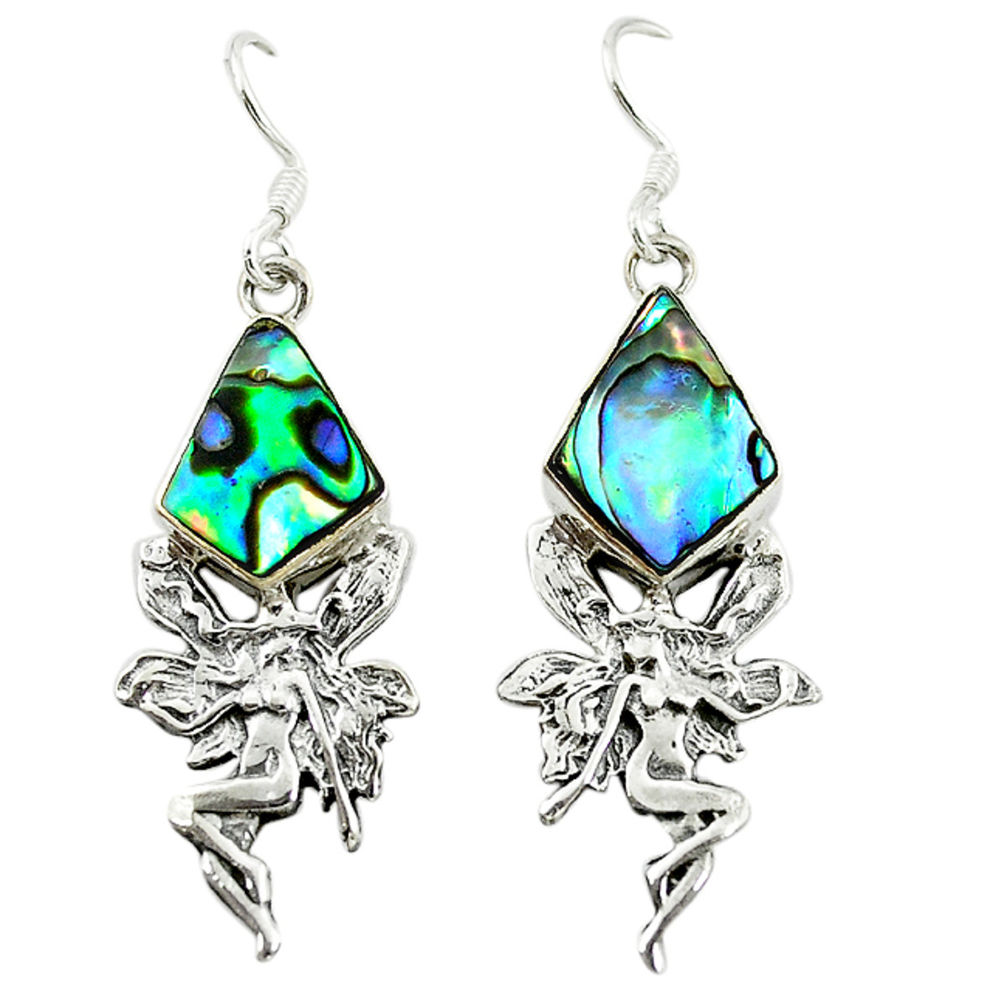 Natural green abalone paua seashell 925 silver angel wings fairy earrings d16358