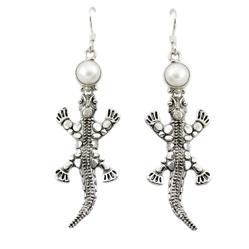 Natural white pearl 925 sterling silver dangle lizard earrings jewelry d16665