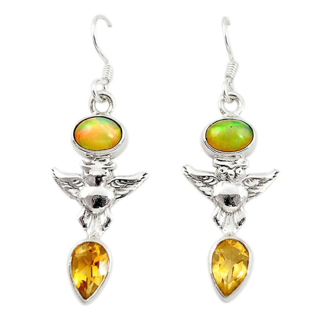 Natural multi color ethiopian opal yellow citrine 925 silver owl earrings d16706