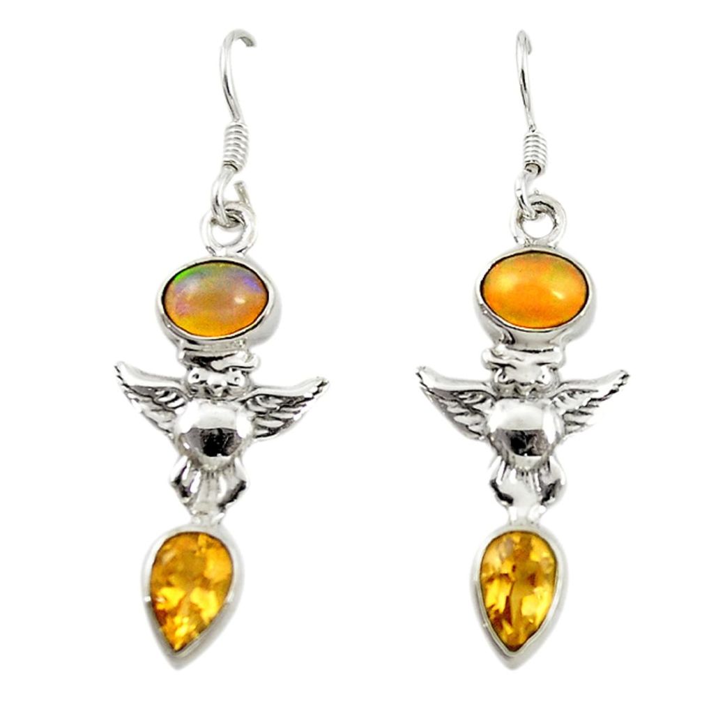 Natural multi color ethiopian opal yellow citrine 925 silver owl earrings d16713