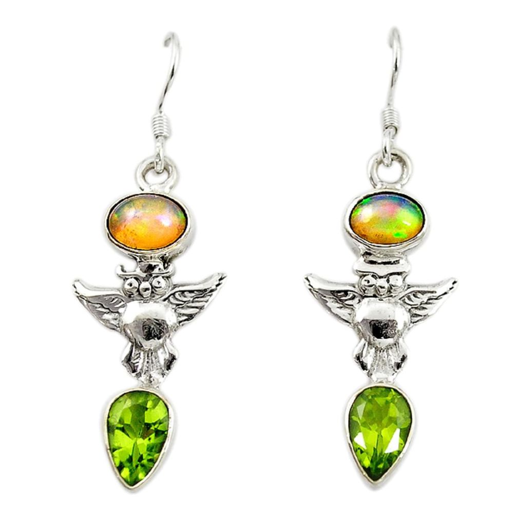 Natural multi color ethiopian opal peridot 925 silver owl earrings d16716
