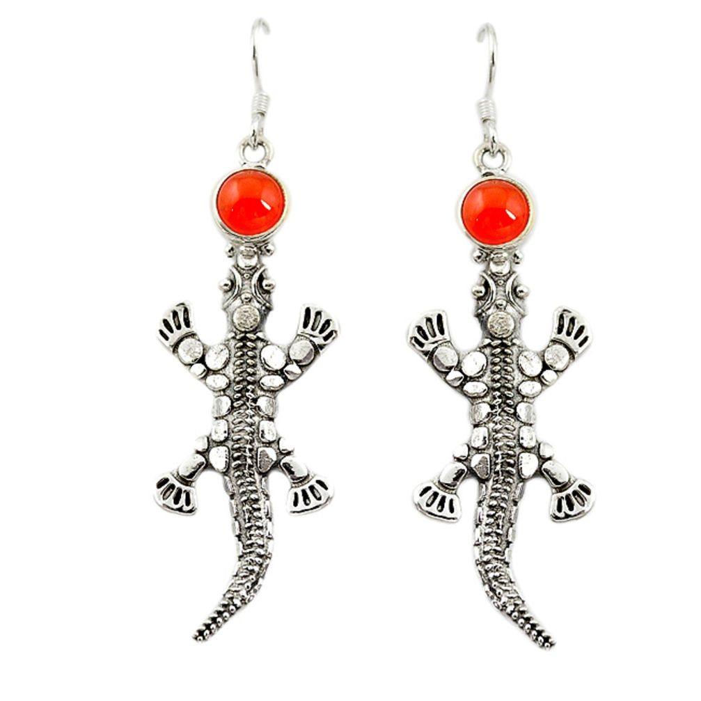 Natural orange cornelian (carnelian) 925 silver dangle lizard earrings d16782