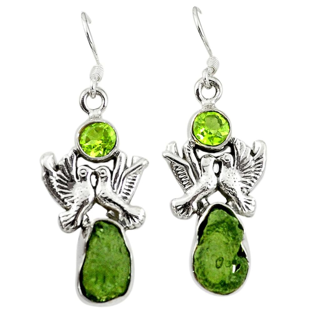 Natural green moldavite (genuine czech) 925 silver love birds earrings d16805