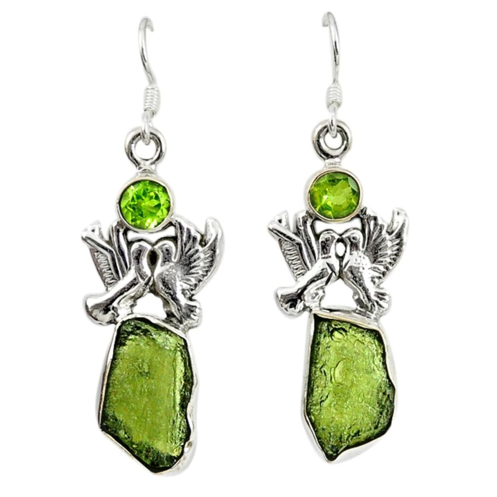 Natural green moldavite (genuine czech) 925 silver love birds earrings d16806
