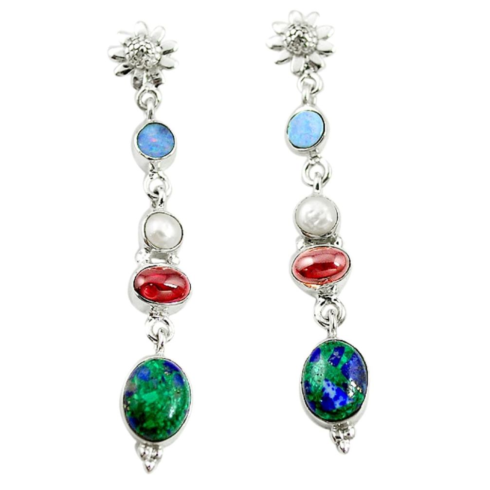 Natural green malachite in azurite pearl 925 silver dangle earrings d17062