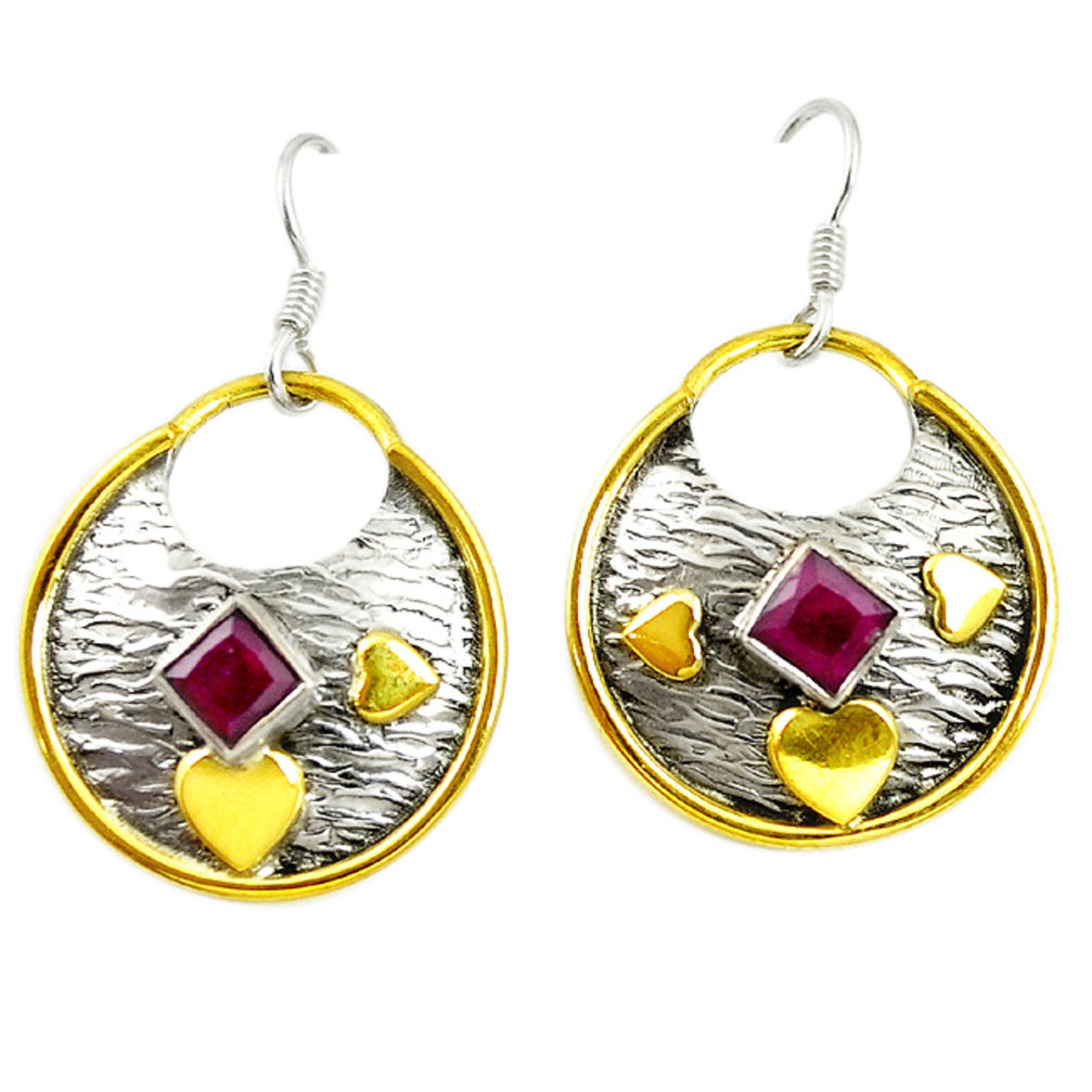 Victorian red ruby quartz 925 silver two tone dangle earrings jewelry d17432