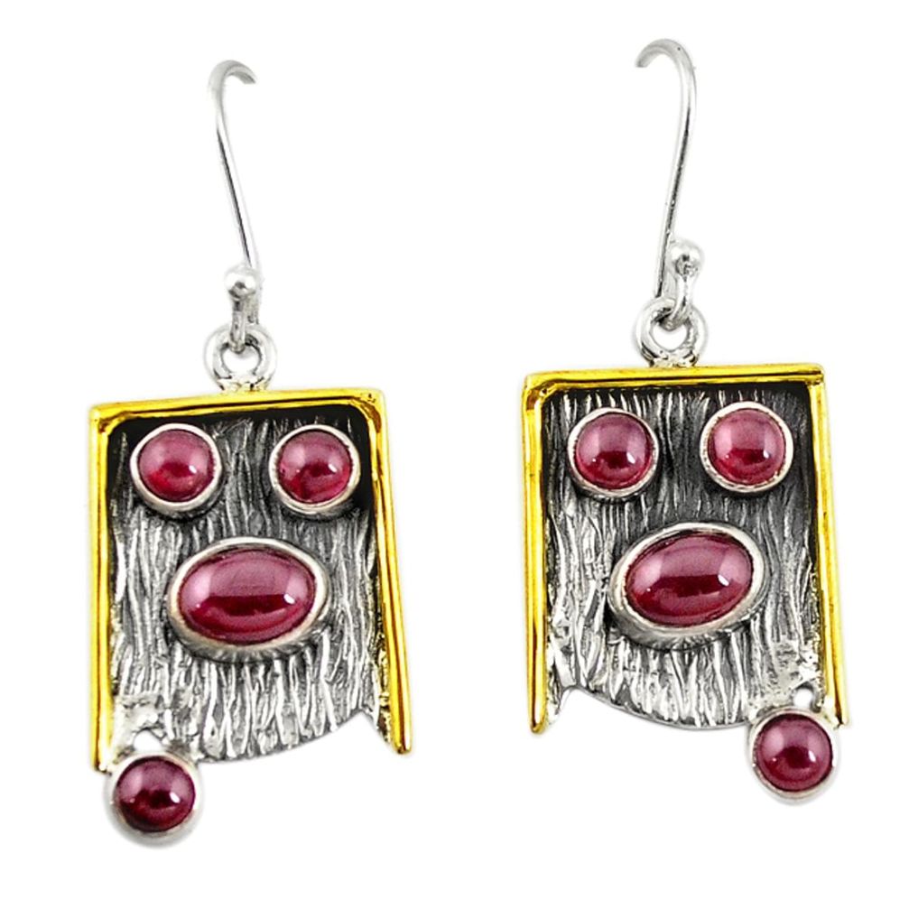 Natural red garnet 925 sterling silver two tone dangle earrings d19916