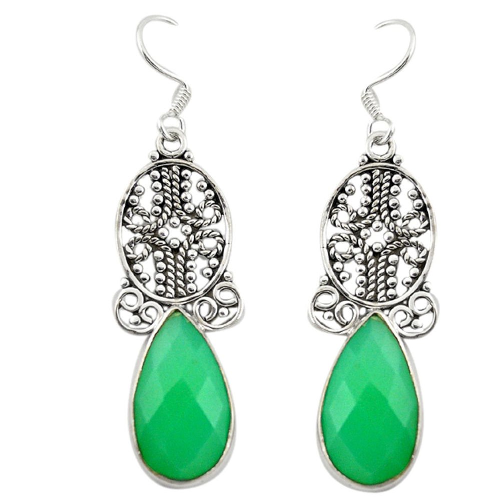 Natural green chalcedony 925 sterling silver dangle earrings d20009