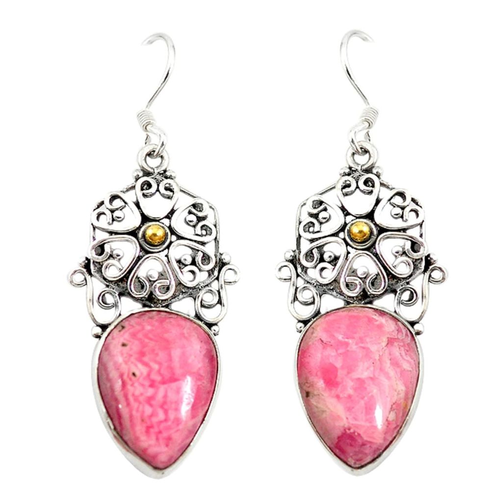 Natural pink rhodochrosite inca rose 925 silver dangle earrings d20384
