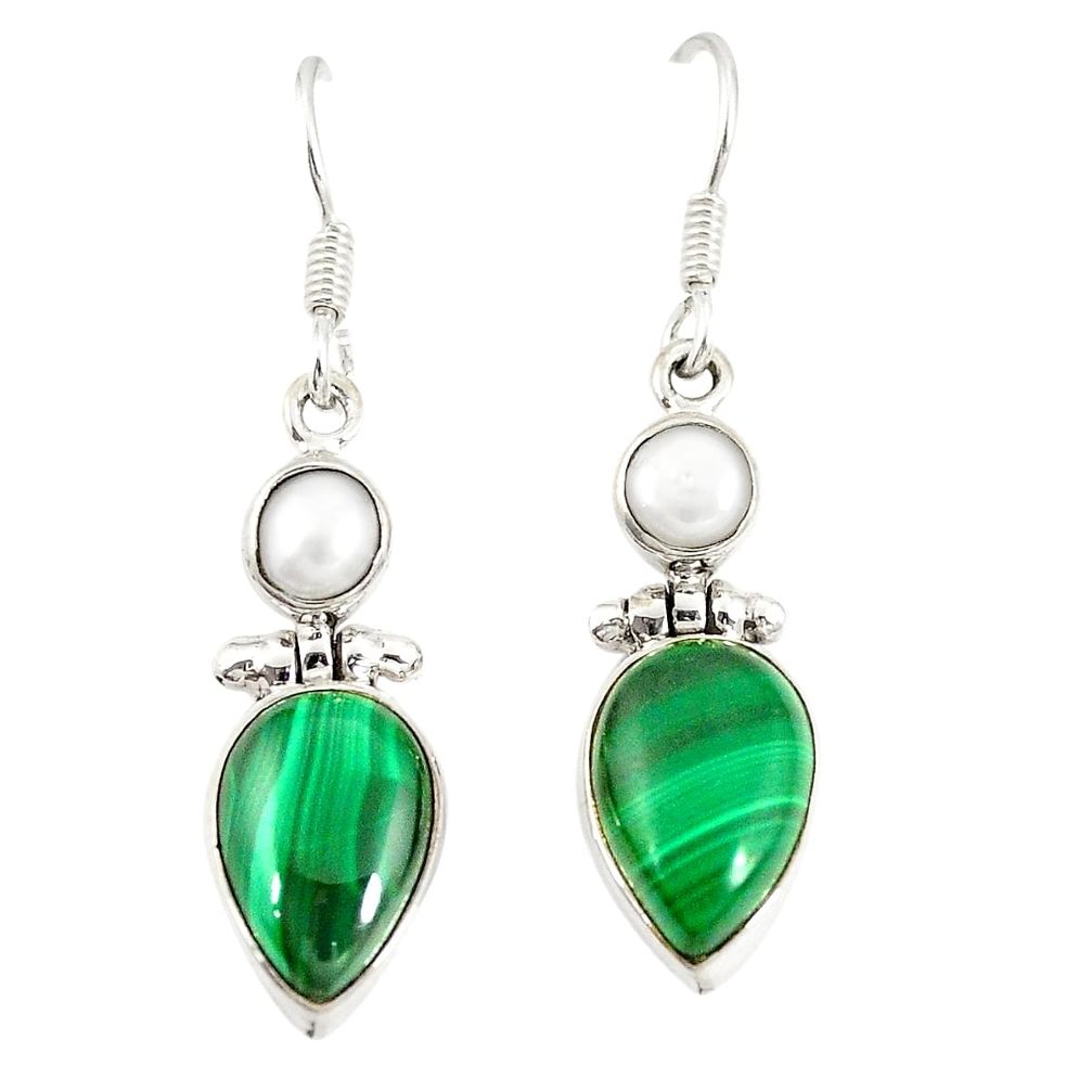 Natural green malachite (pilot's stone) pearl 925 silver dangle earrings d20566