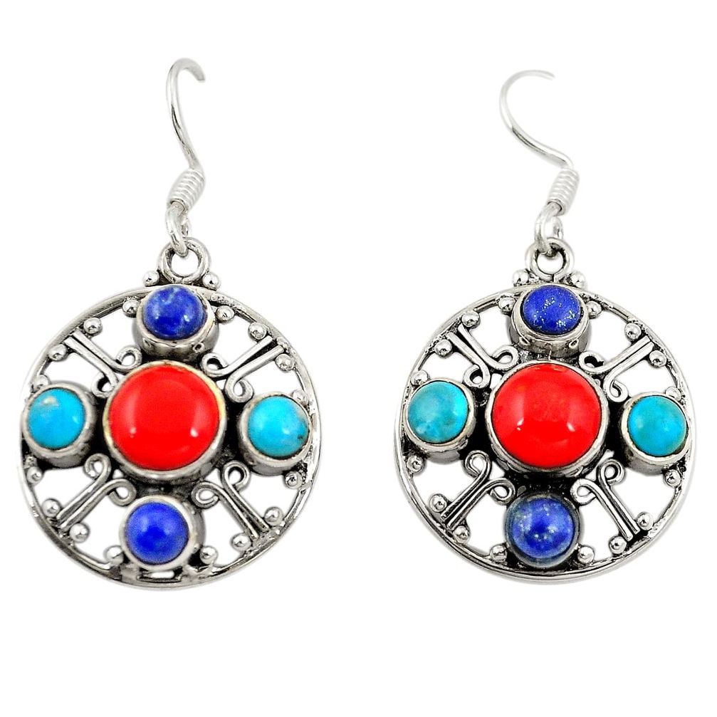 Red coral blue turquoise 925 sterling silver dangle earrings jewelry d22146