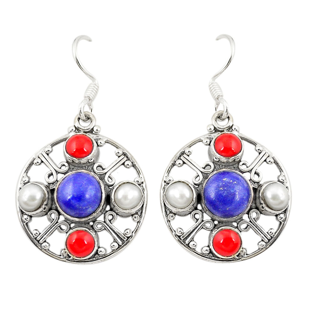 925 silver natural blue lapis lazuli coral pearl dangle earrings d22149