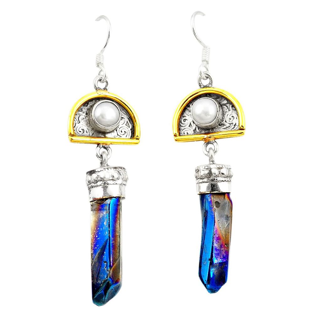 Titanium aura quartz (arkansas) 925 silver two tone dangle earrings d22194